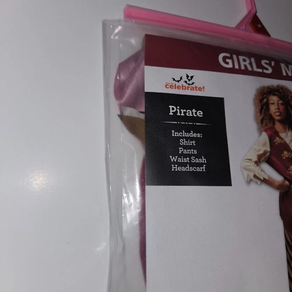 NEW Pirate Halloween Costume Girls Medium 7/8 Shirt Pants Headscarf Waist Sash